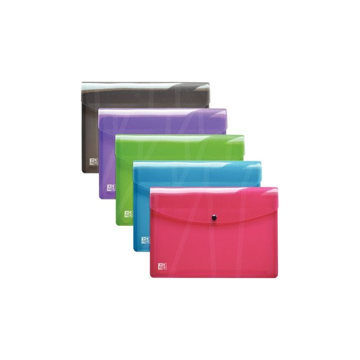 Paquet de 5 enveloppes en polypropylène pour format A4 fermeture par bouton pression couleurs assorties 40003