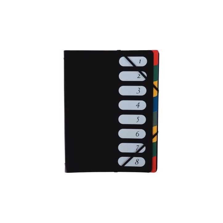 Trieur en polypropylène 8 compartiments, fermeture par élastiques, couverture coloris noir 74611