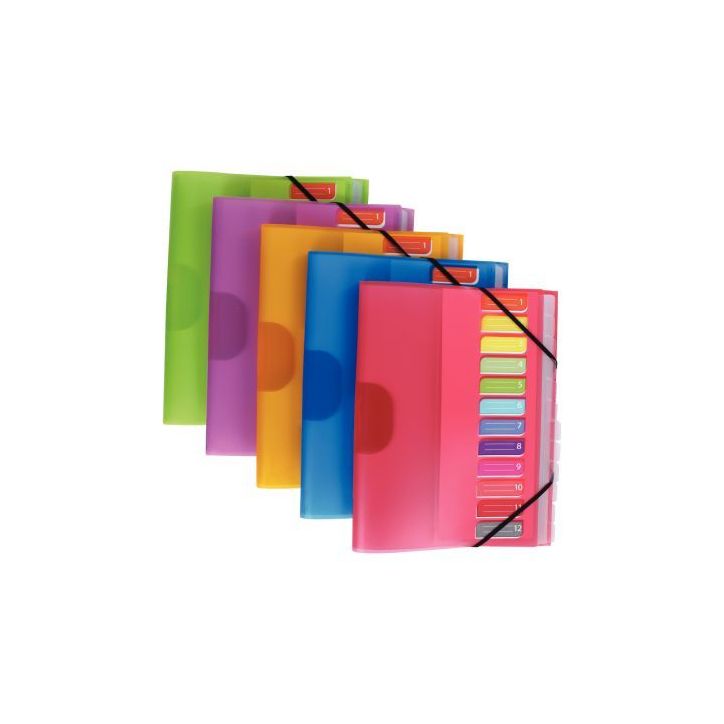 Trieur en polypropylène Color Fresh 12 compartiments, 3 rabats + élastiques 1310402