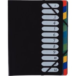 Achetez Trieur en polypropylène 12 compartiments, fermeture par élastiques, couverture coloris noi..