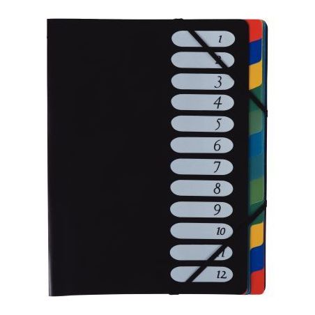 Achetez Trieur en polypropylène 12 compartiments, fermeture par élastiques, couverture coloris noi..