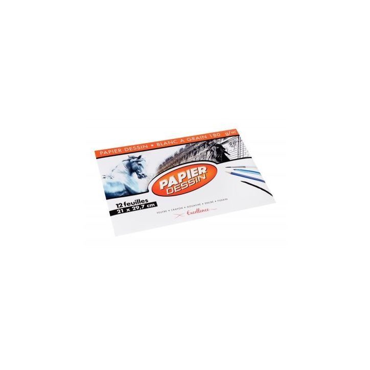 Pochette de 12 feuilles de papier dessin blanc 180 g format 21x29,7 cm 43001MAJUSC