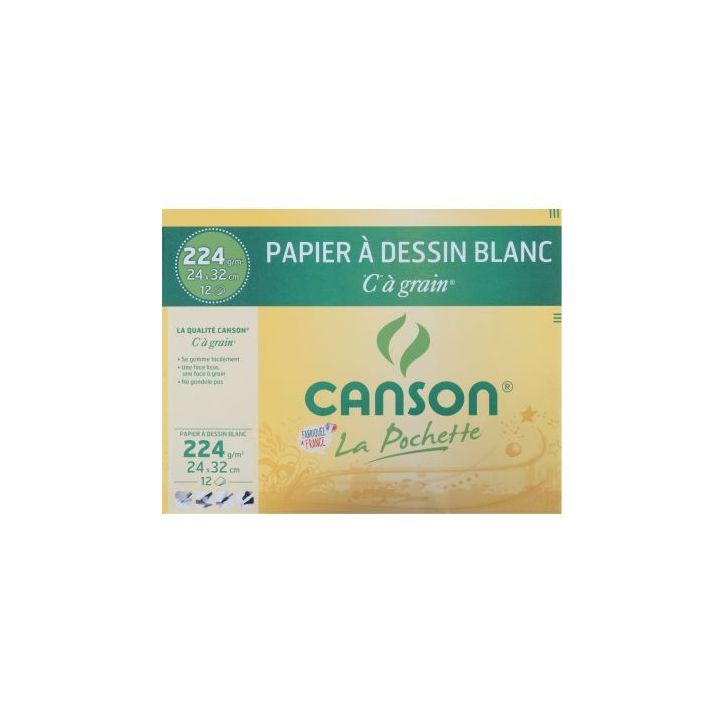 Pochette de 12 feuilles à  dessin C à  grain 224 g, format 24x32 cm C200027103 CANSON