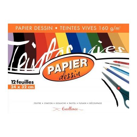 Achetez Pochette de 12 feuilles papier dessin 160g couleur format 24x32 cm teintes vives assorties 4..