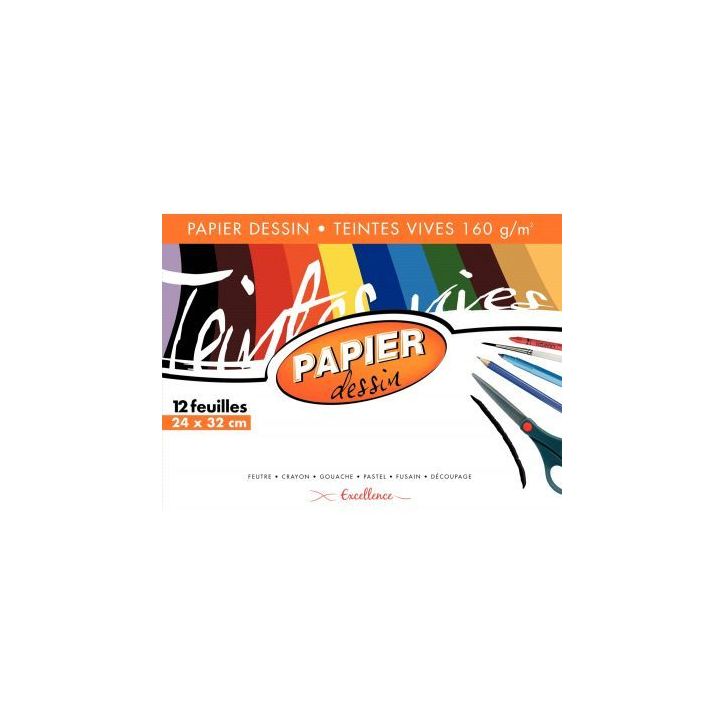 Pochette de 12 feuilles papier dessin 160g couleur format 24x32 cm teintes vives assorties 43011MAJUSC