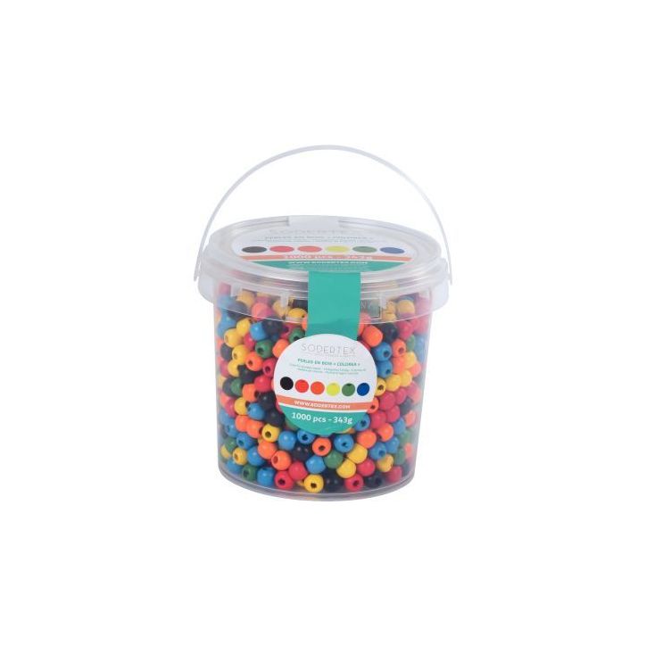 Seau de 1 100 perles en bois multicolores assorties diamètre 10 mm 2044