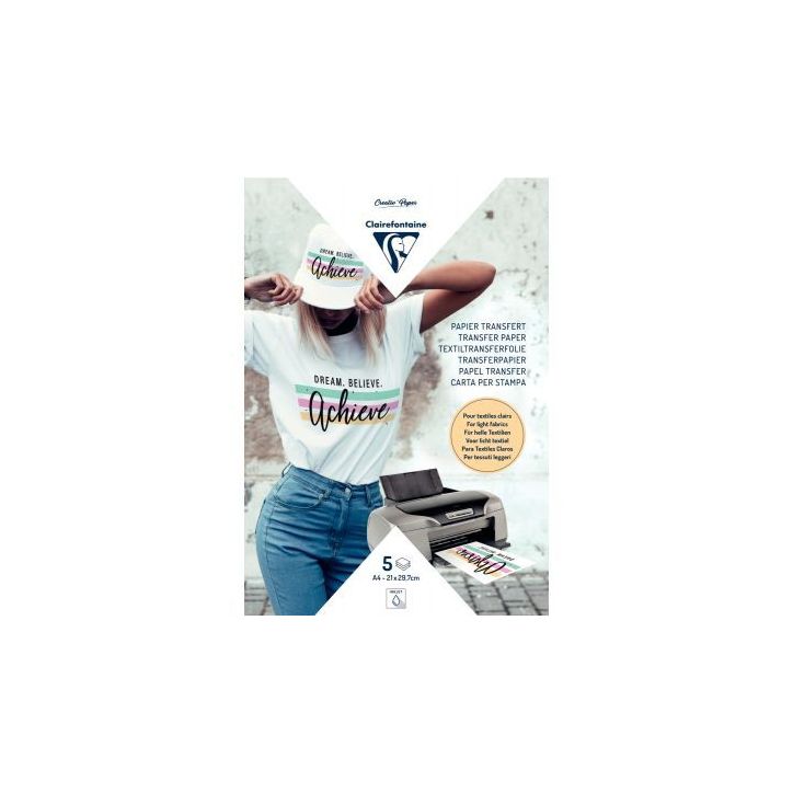 Paquet de 5 feuilles A4 papier transfert textiles pour tissu clair 84308C CLAIREFONTAINE