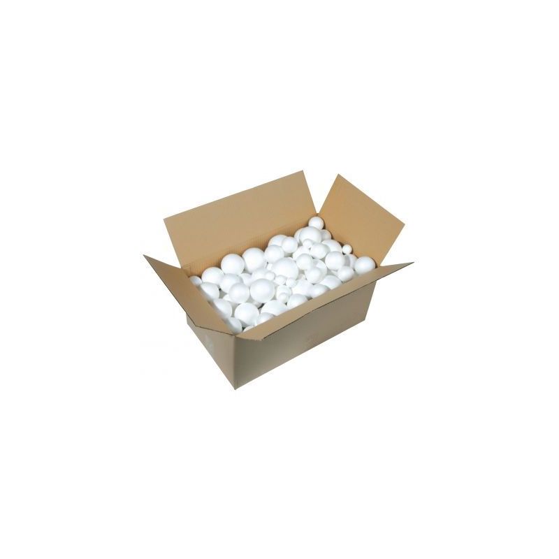 Achetez Carton de 100 boules polystyrène blanches avec 5 diamètres assortis : 30mm, 50mm, 60mm, 70..