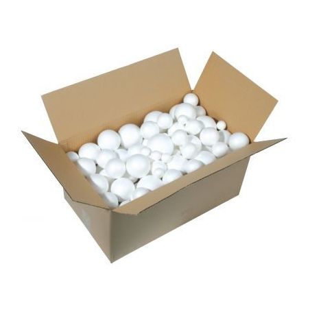 Achetez Carton de 100 boules polystyrène blanches avec 5 diamètres assortis : 30mm, 50mm, 60mm, 70..
