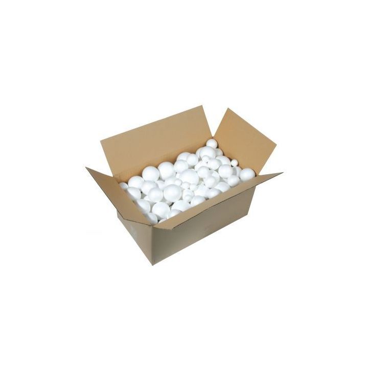Carton de 100 boules polystyrène blanches avec 5 diamètres assortis : 30mm, 50mm, 60mm, 70mm et 80mm 81790VO