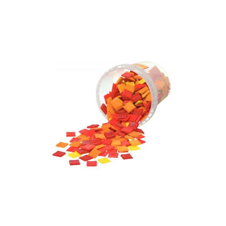 Seau de 1 kg de mosaïques 2x2 cm en pâte de verre rouge, orange, jaune CPV620104