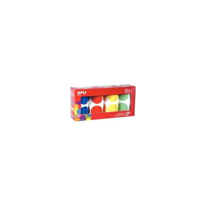 Lot de 4 rouleaux de maxi gommettes adhésives rondes diamètre 45mm, couleurs vives assorties 17634 APLI