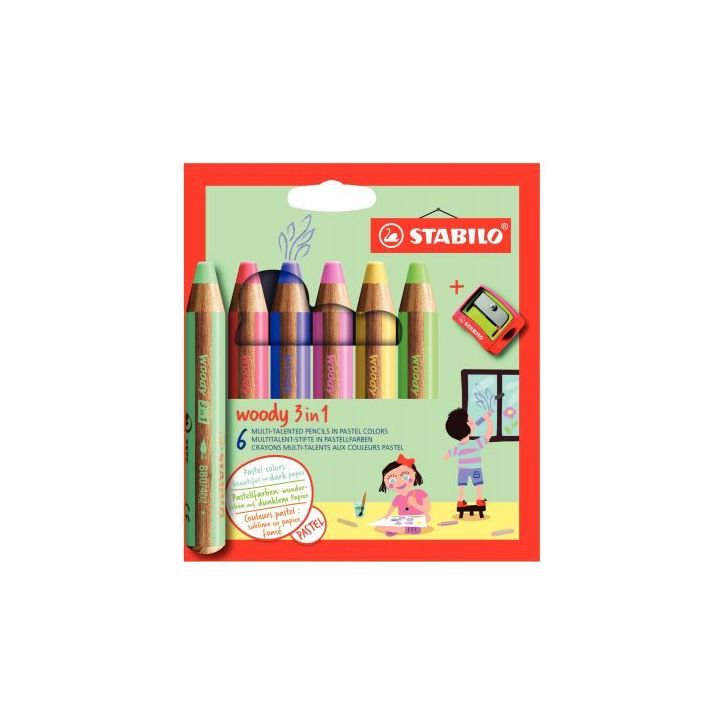 Etui de 6 crayons Woody pastel assortis + 1 taille -crayons 8806-3 STABILO