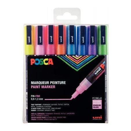 Achetez Pochette de 8 marqueurs Posca pointe fine ogive pailletés PC3ML/8AASS26 POSCA UNIBALL pas c..