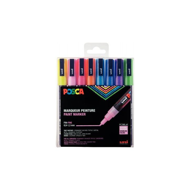 Pochette de 8 marqueurs Posca pointe fine ogive pailletés PC3ML/8AASS26 POSCA UNIBALL