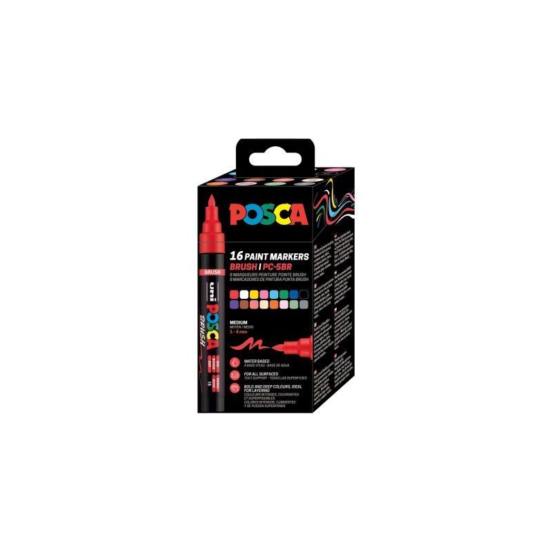 Achetez Boîte de 16 marqueurs Posca pointe moyenne brush assortis PC5BR/16 PF POSCA UNIBALL pas che..