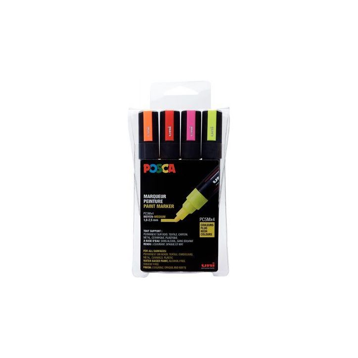Set de 4 marqueurs pointe moyenne conique 1,8-2,5 mm fluo assortis PC5M/4A ASS10 POSCA UNIBALL