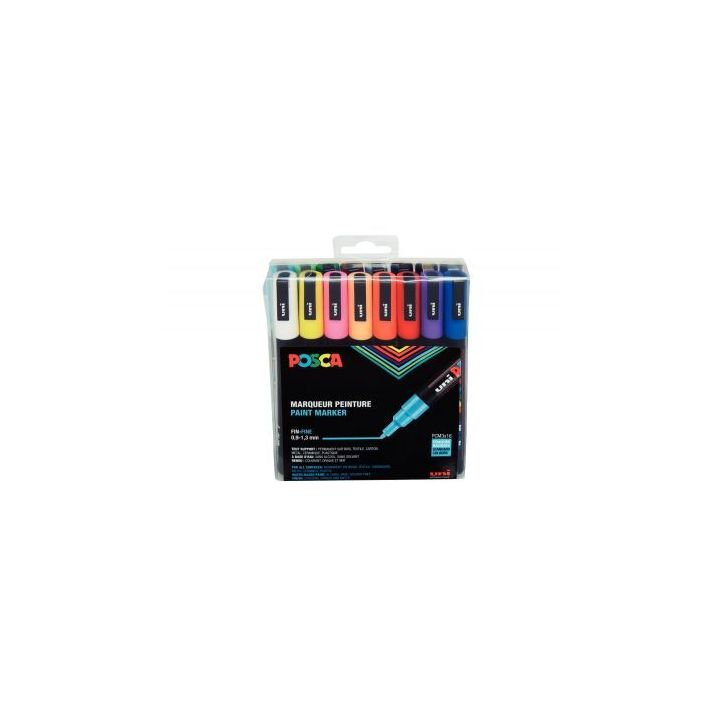 Pochette de 16 marqueurs pointe fine conique 1,5 mm couleurs assorties PC3M/16AASS21 POSCA UNIBALL