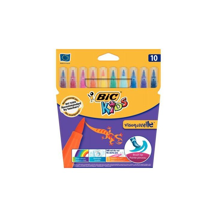 Pochette de 10 Visaquarelle pointe pinceau couleurs vives assorties 8289641 VISAQUAREL BIC