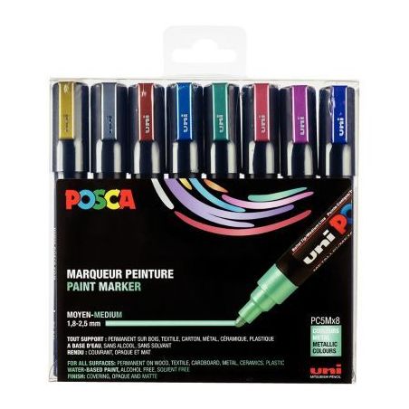 Achetez Pochette de 8 marqueurs pointe moyenne métal assortis PC5M/8METAL09 POSCA UNIBALL pas cher ..