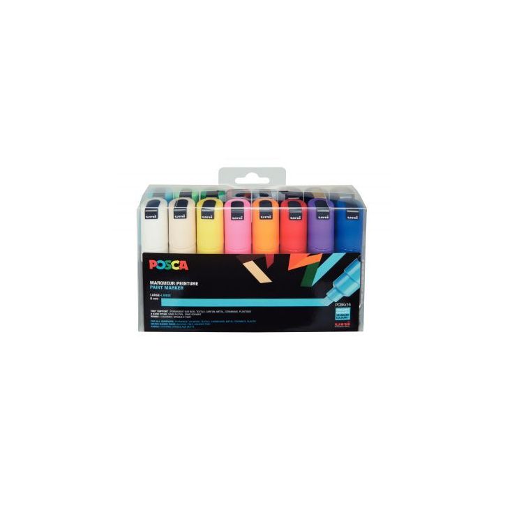 Pochette de 16 marqueurs pointe large biseautée 8 mm couleurs assorties PC8K/16A ASS22 POSCA UNIBALL