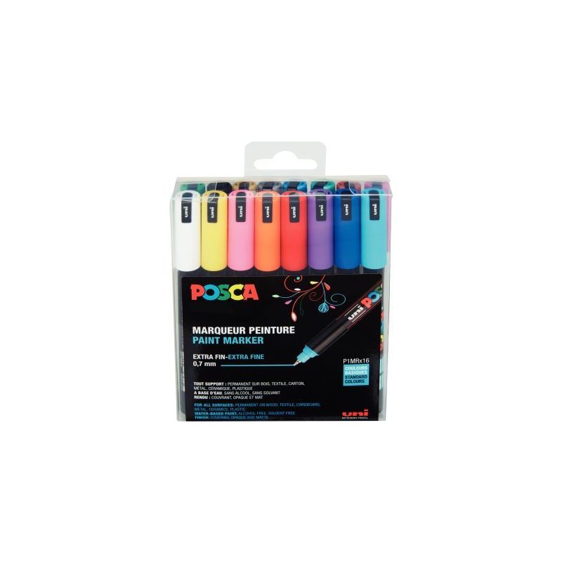 Achetez Pochette 16 marqueurs Posca pointe extra fine 0,7mm couleurs assorties PC1MR/16 POSCA UNIBAL.. Achetez Pochette 16 marqueurs Posca pointe extra fine 0,7mm couleurs assorties PC1MR/16 POSCA UNIBAL..
