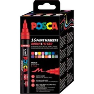Achetez Boîte de 16 marqueurs Posca pointe moyenne brush assortis PC5BR/16 PF POSCA UNIBALL pas che..