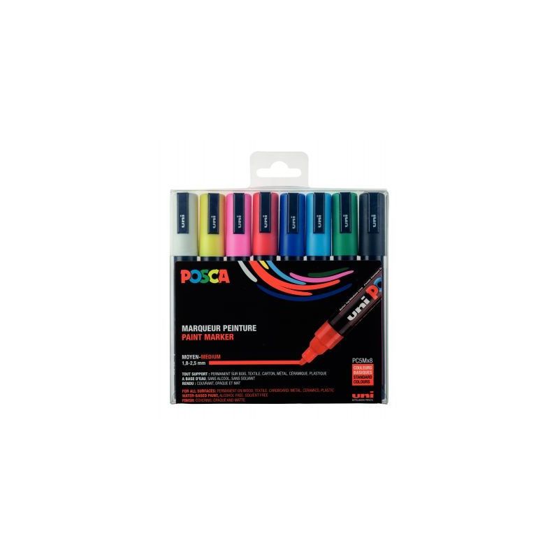 Achetez Pochette de 8 marqueurs pointe moyenne conique 2,5 mm couleurs assorties PC5M/8 POSCA UNIBAL..