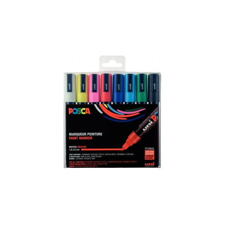 Pochette de 8 marqueurs pointe moyenne conique 2,5 mm couleurs assorties PC5M/8 POSCA UNIBALL
