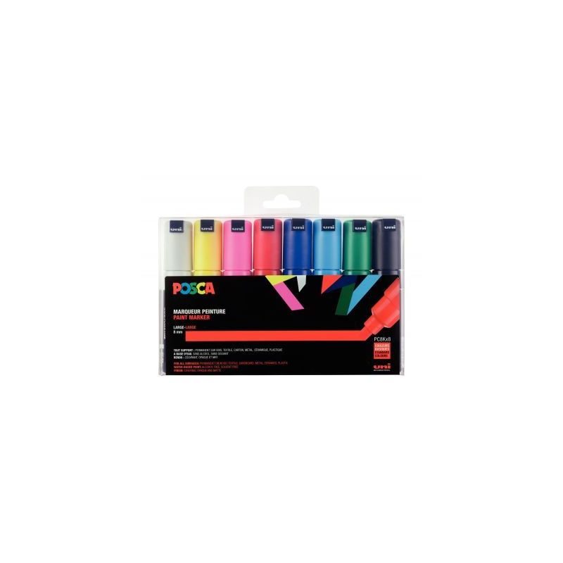 Achetez Pochette de 8 marqueurs pointe large biseautée 8 mm couleurs assorties PC8K/8 POSCA UNIBALL..