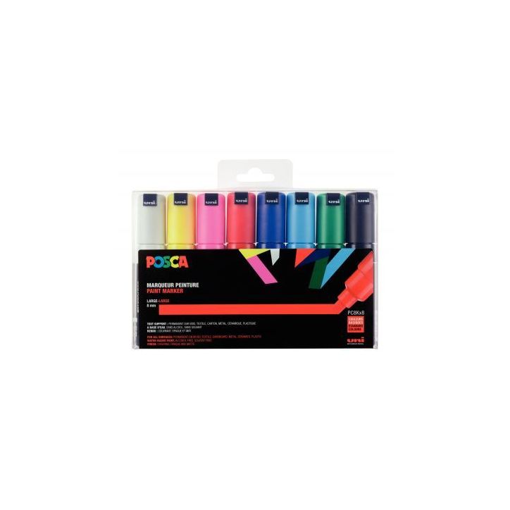 Pochette de 8 marqueurs pointe large biseautée 8 mm couleurs assorties PC8K/8 POSCA UNIBALL
