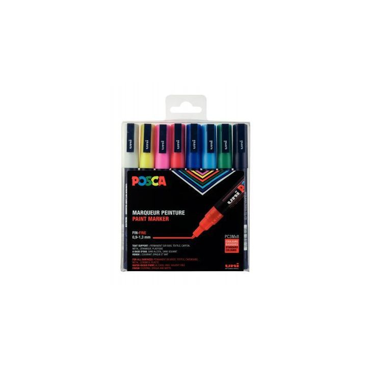 Pochette de 8 marqueurs pointe fine conique 1,5 mm couleurs assorties PC3M/8 POSCA UNIBALL