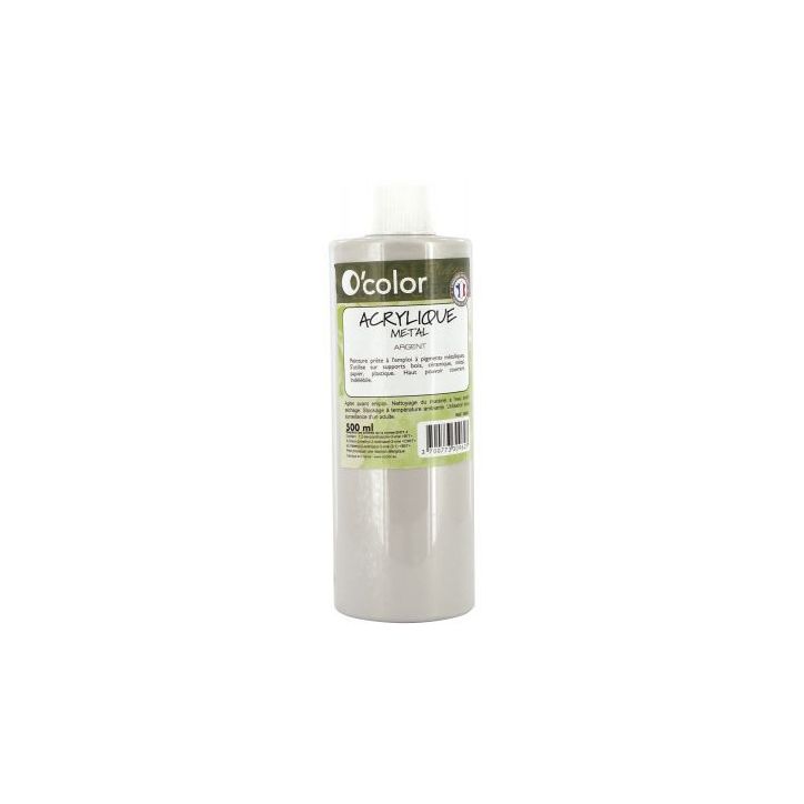 Flacon de 500 ml de peinture acrylique coloris métallique argent AME500PETARG_00/28524 O'COLOR