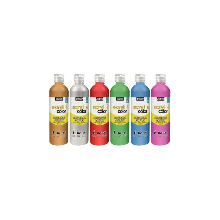 Carton de 6 flacons 500 ml de peinture ACRYLCOLOR couleurs métalliques et nacrées assorties 364791 ACRYLCOLO(...)