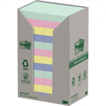 POST-IT® Notes Post-it Recyclées Nature. 38 x 51 mm. 24 blocs, 100 F. Ass : vert, rose, bleu, jaune.