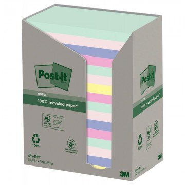 POST-IT® Notes Post-it Recyclées Nature. 76 x 127 mm. 16 blocs, 100 F. Ass : vert, rose, bleu, jaune.