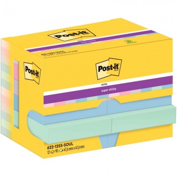 POST-IT® Notes Super Sticky Soulful 47.6 x 47.6 mm. Lot de 12 blocs de 90 F. Ass : rose, bleu et vert.