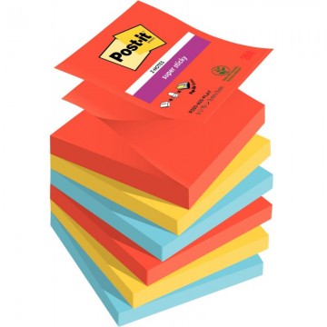 POST-IT® Z-Notes Super Sticky Playful 76x76 mm. 6 blocs, 90F. Ass : rouge/orange/jaune/vert/bleu/violet.