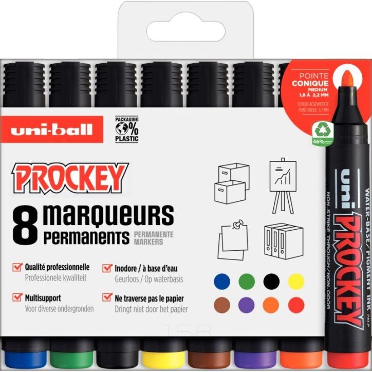 UNI-BALL Pochette de 8 marqueurs permanents pointe ogive encre pigmentée à  base d eau UNI PROCKEY